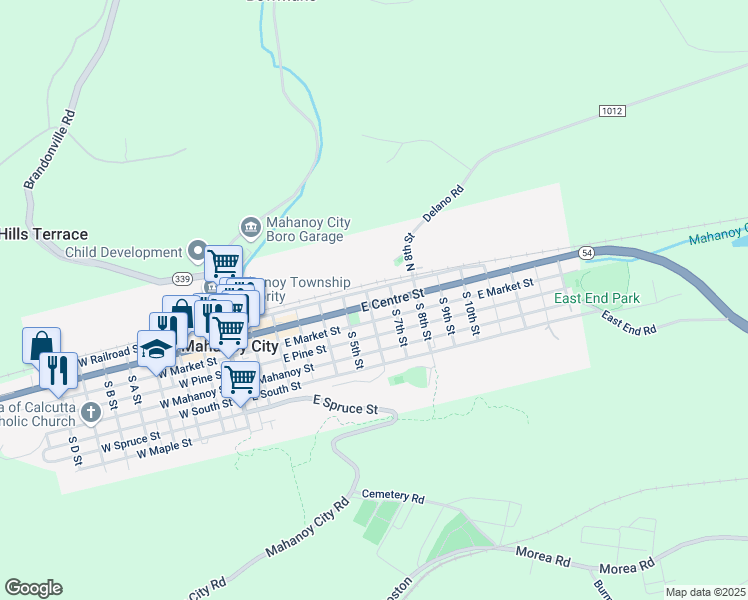 map of restaurants, bars, coffee shops, grocery stores, and more near 621 East Centre Street in Mahanoy City