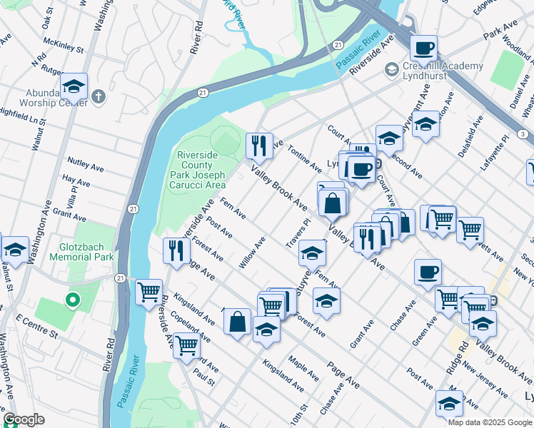 map of restaurants, bars, coffee shops, grocery stores, and more near 167 Fern Avenue in Lyndhurst