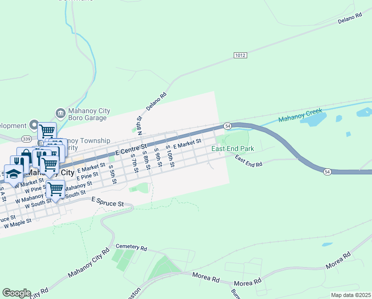 map of restaurants, bars, coffee shops, grocery stores, and more near 1117 East Pine Street in Mahanoy City
