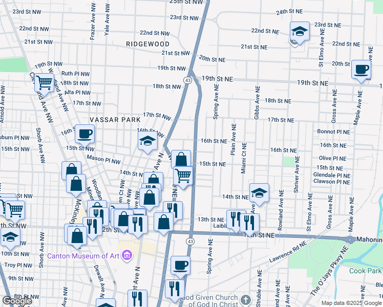 map of restaurants, bars, coffee shops, grocery stores, and more near 1519 Cherry Avenue Northeast in Canton