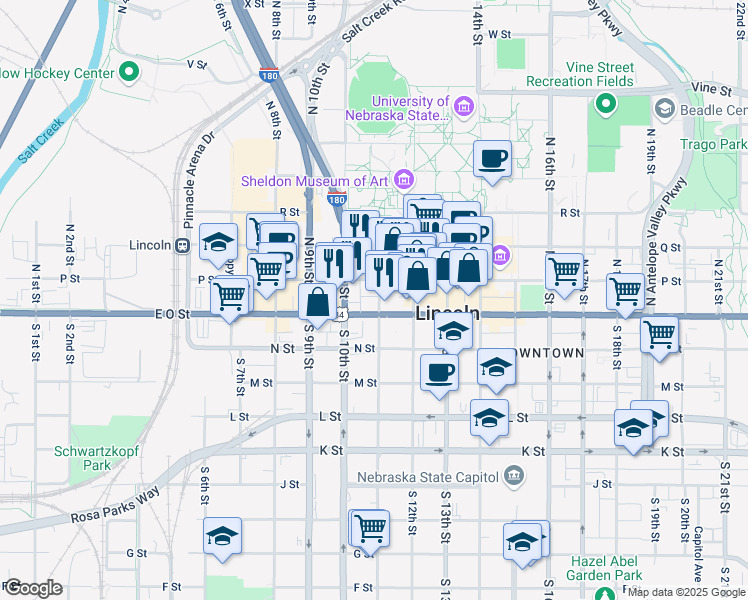 map of restaurants, bars, coffee shops, grocery stores, and more near 139 North 11th Street in Lincoln
