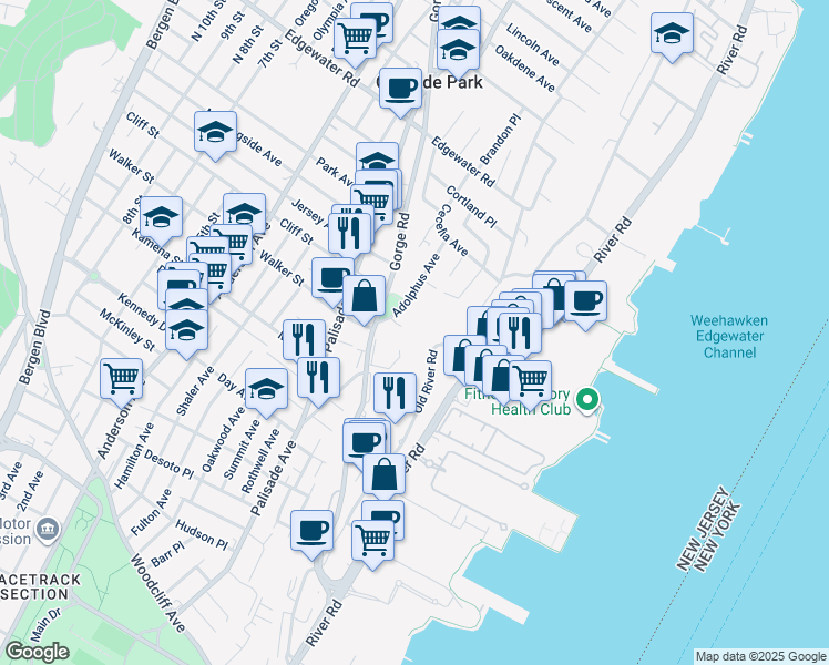 map of restaurants, bars, coffee shops, grocery stores, and more near 320 Adolphus Avenue in Cliffside Park