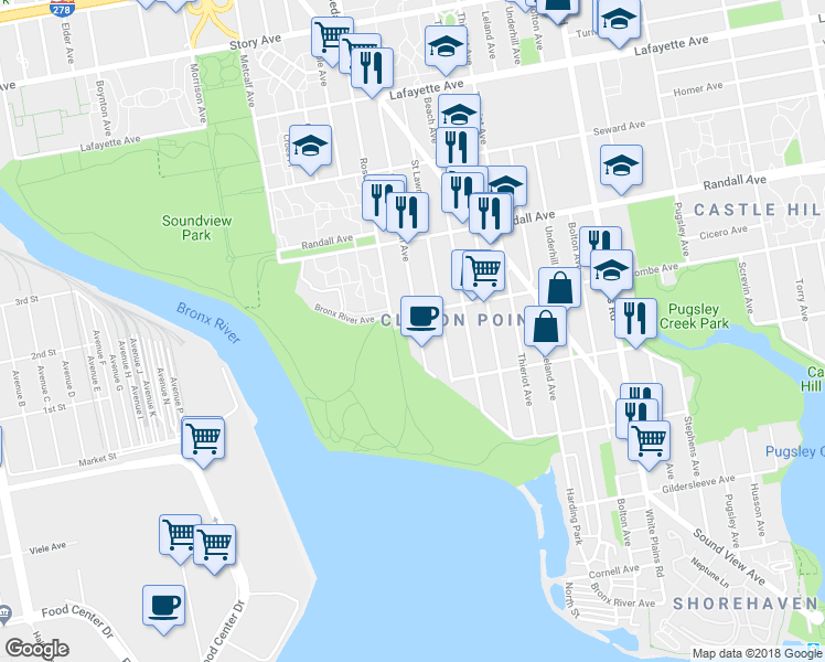 map of restaurants, bars, coffee shops, grocery stores, and more near 465 Commonwealth Avenue in Bronx