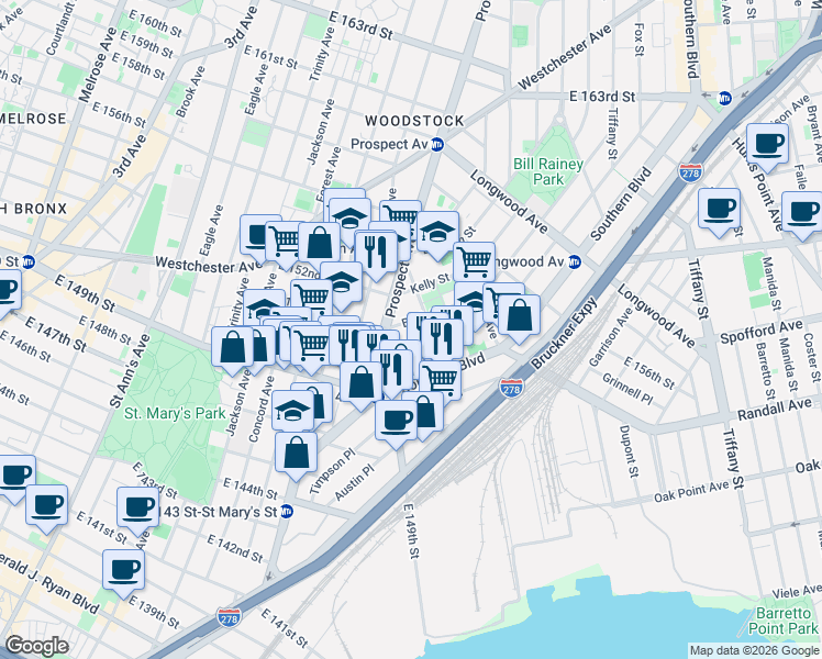 map of restaurants, bars, coffee shops, grocery stores, and more near 547 Fox Street in Bronx