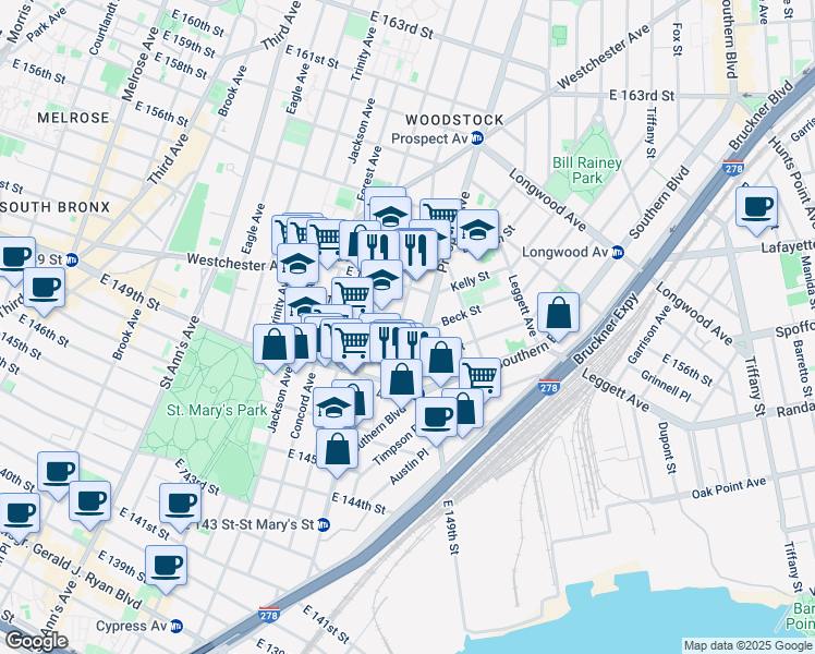 map of restaurants, bars, coffee shops, grocery stores, and more near 586 Union Avenue in Bronx