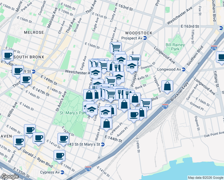 map of restaurants, bars, coffee shops, grocery stores, and more near 799 East 150th Street in Bronx