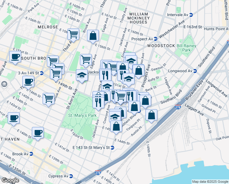 map of restaurants, bars, coffee shops, grocery stores, and more near 560 Concord Avenue in Bronx