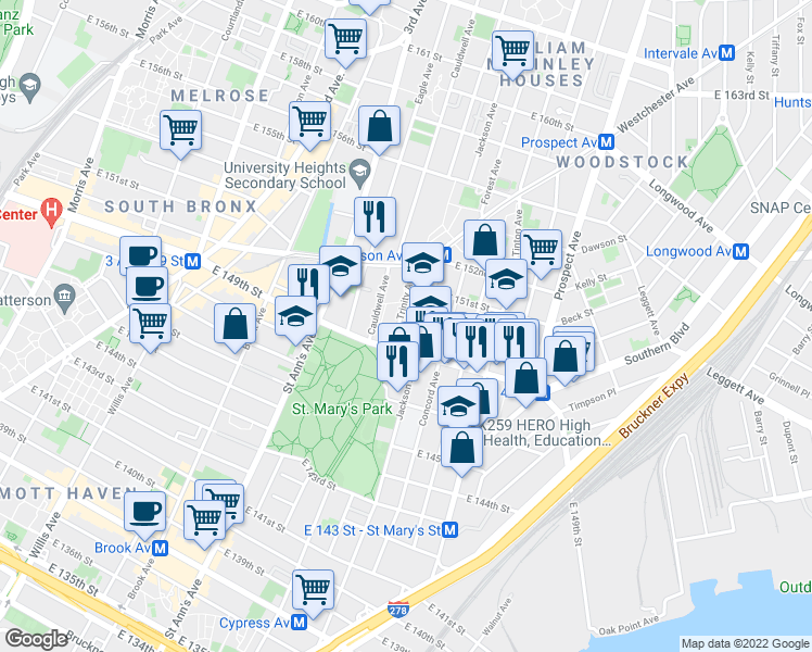 map of restaurants, bars, coffee shops, grocery stores, and more near 724 East 149th Street in The Bronx
