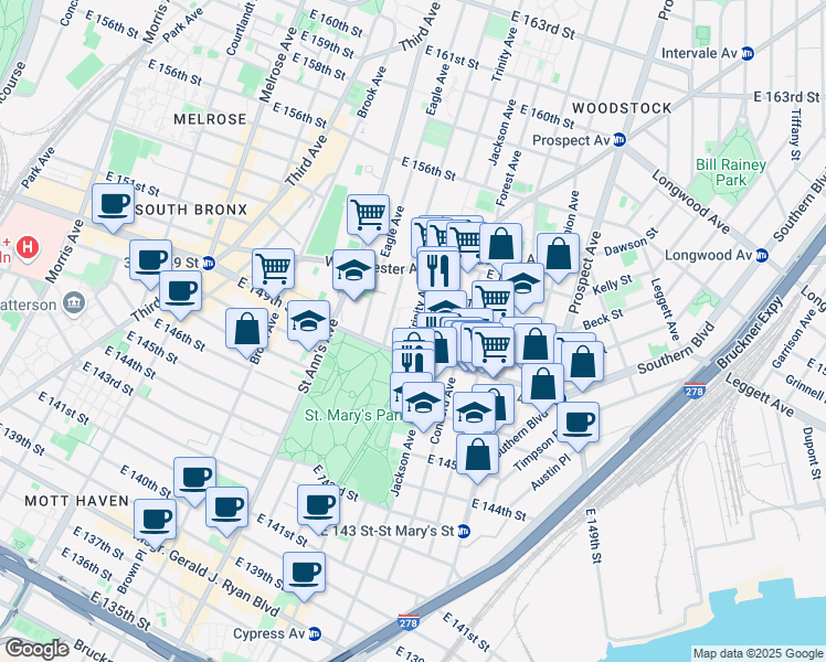 map of restaurants, bars, coffee shops, grocery stores, and more near 724 East 149th Street in The Bronx