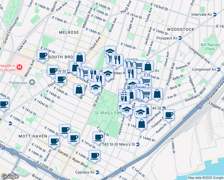 map of restaurants, bars, coffee shops, grocery stores, and more near in The Bronx