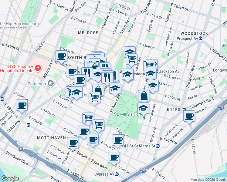 map of restaurants, bars, coffee shops, grocery stores, and more near 51945 Saint Ann's Avenue in Bronx