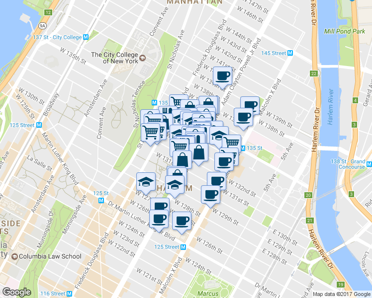map of restaurants, bars, coffee shops, grocery stores, and more near 200 West 132nd Street in New York