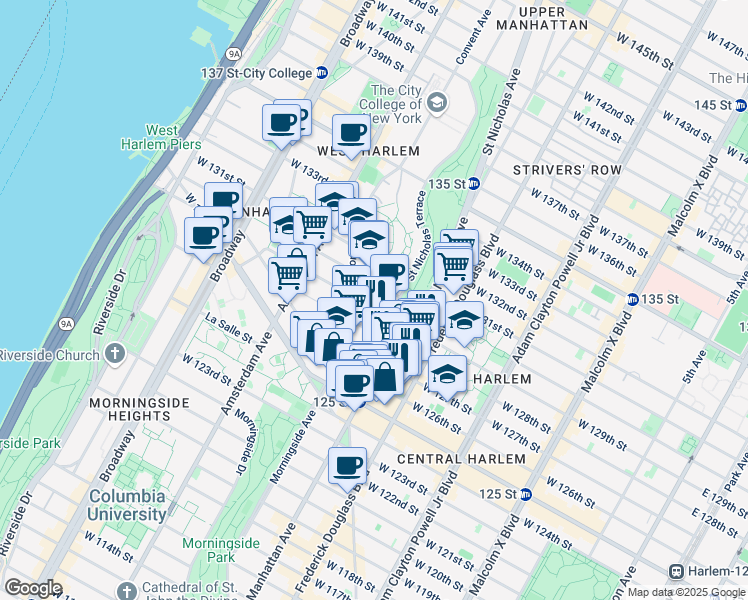 map of restaurants, bars, coffee shops, grocery stores, and more near 35 Saint Nicholas Terrace in New York