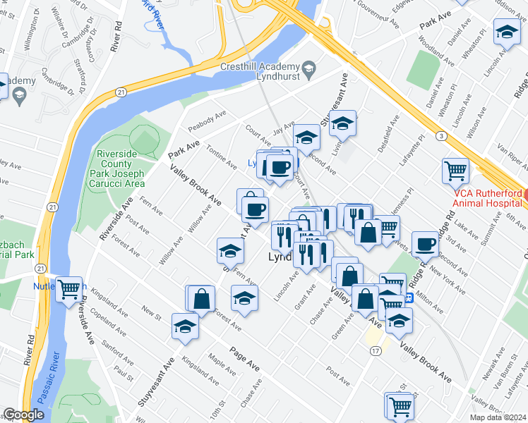 map of restaurants, bars, coffee shops, grocery stores, and more near 286 Livingston Avenue in Lyndhurst