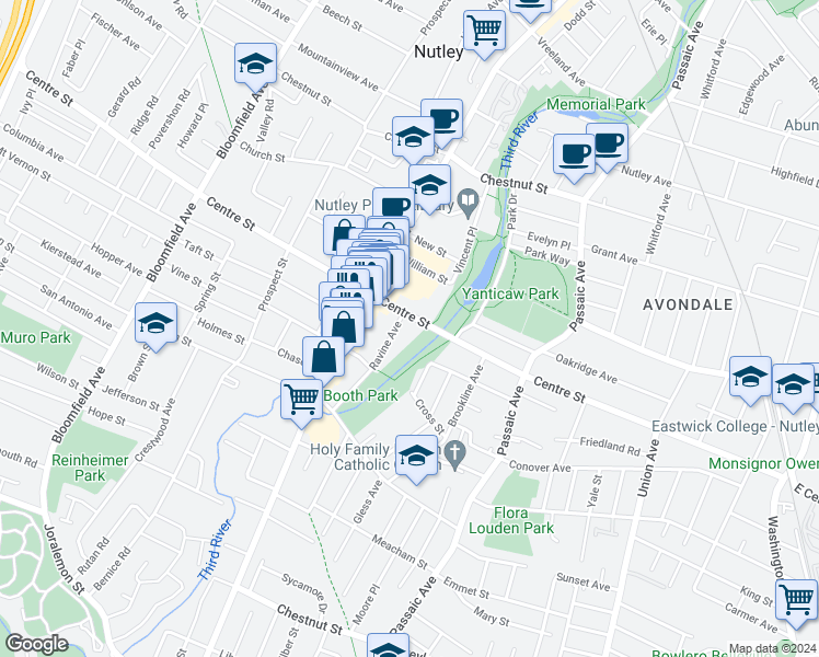 map of restaurants, bars, coffee shops, grocery stores, and more near 74 Ravine Avenue in Nutley