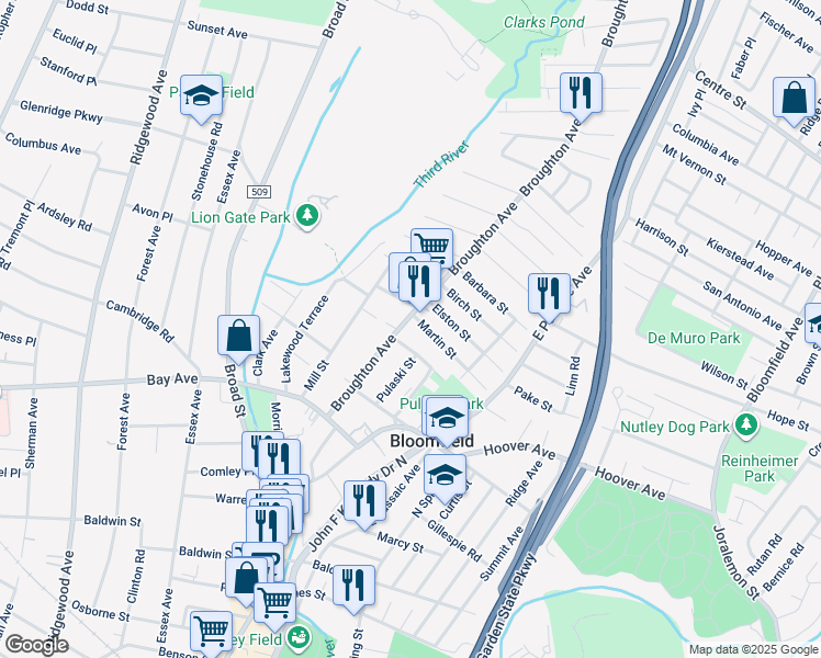 map of restaurants, bars, coffee shops, grocery stores, and more near 24 Howard Street in Bloomfield