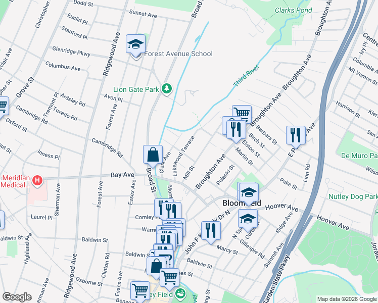 map of restaurants, bars, coffee shops, grocery stores, and more near 39 Lakewood Terrace in Bloomfield