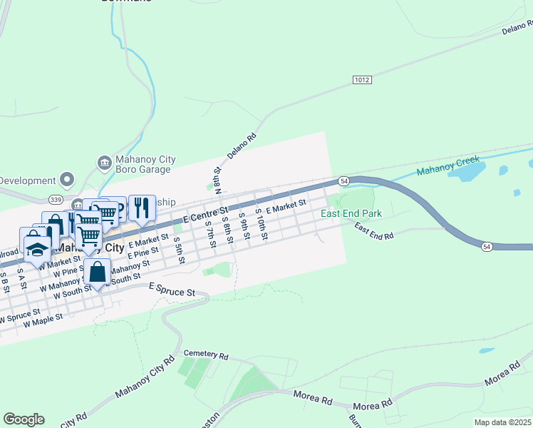 map of restaurants, bars, coffee shops, grocery stores, and more near 1004 East Pine Street in Mahanoy City