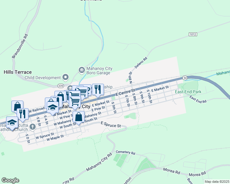 map of restaurants, bars, coffee shops, grocery stores, and more near 527 East Centre Street in Mahanoy City