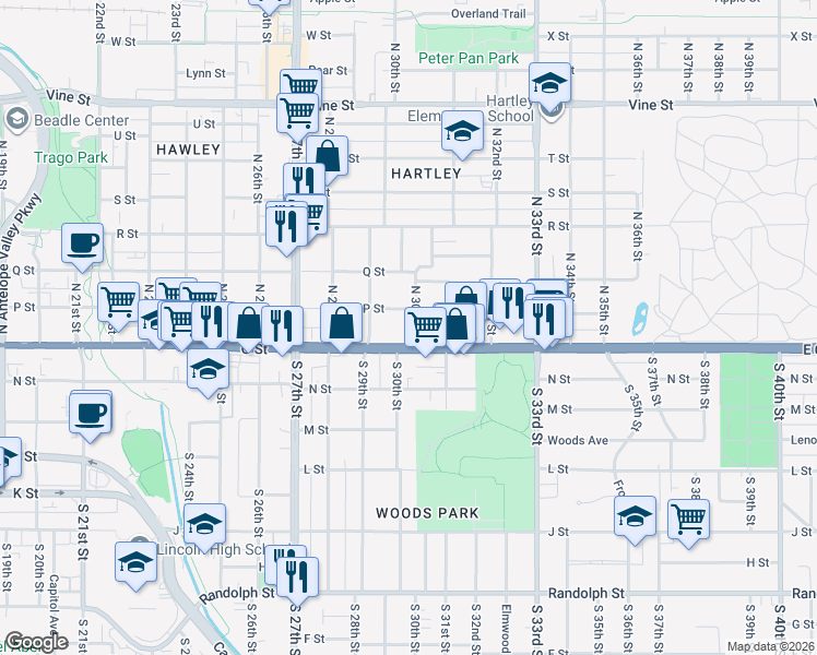 map of restaurants, bars, coffee shops, grocery stores, and more near 2966 O Street in Lincoln