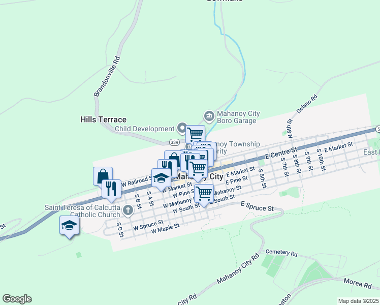 map of restaurants, bars, coffee shops, grocery stores, and more near 50 North Main Street in Mahanoy City