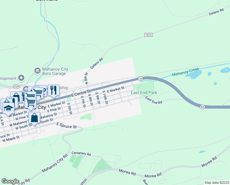 map of restaurants, bars, coffee shops, grocery stores, and more near 1117 East Pine Street in Mahanoy City