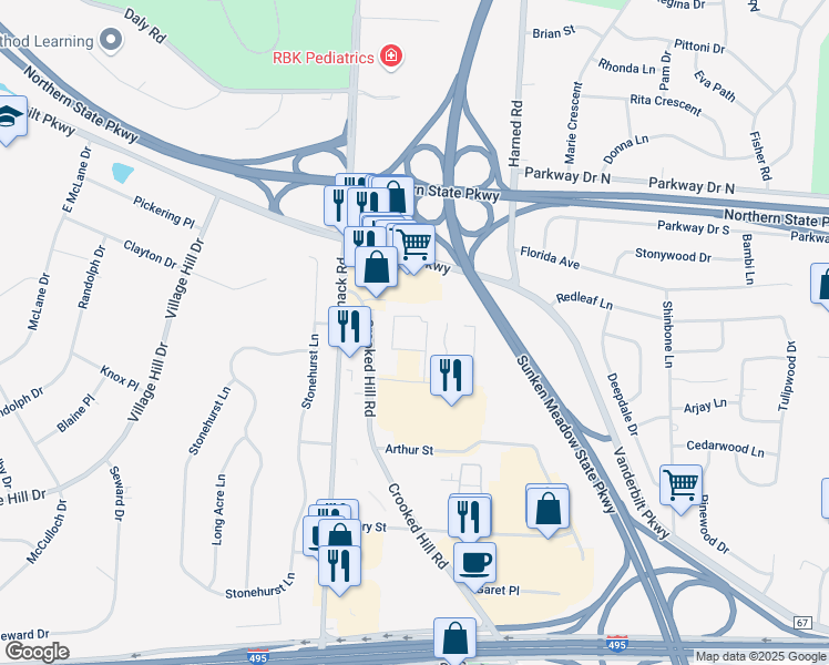 map of restaurants, bars, coffee shops, grocery stores, and more near 45 Crooked Hill Road in Commack