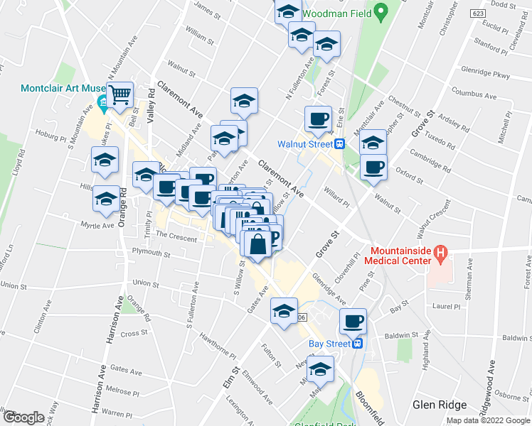 map of restaurants, bars, coffee shops, grocery stores, and more near 19 North Willow Street in Montclair