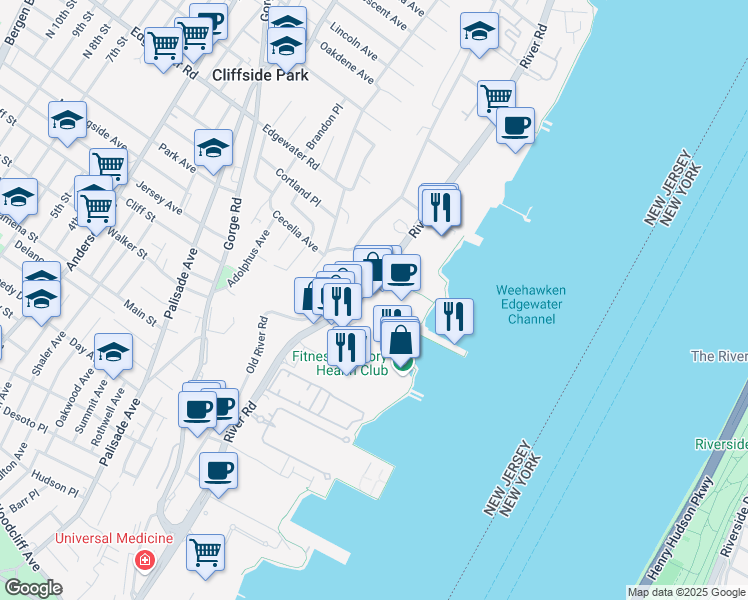 map of restaurants, bars, coffee shops, grocery stores, and more near 543 River Road in Edgewater