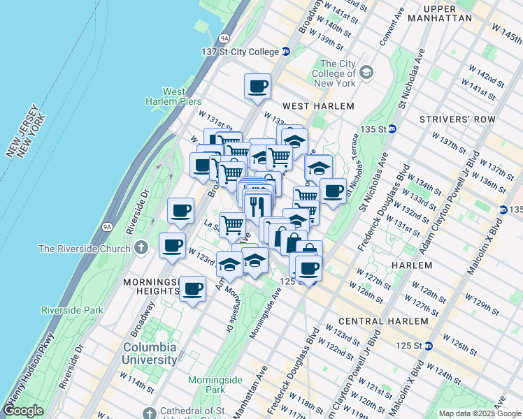 map of restaurants, bars, coffee shops, grocery stores, and more near Amsterdam Avenue & West 126th Street in New York