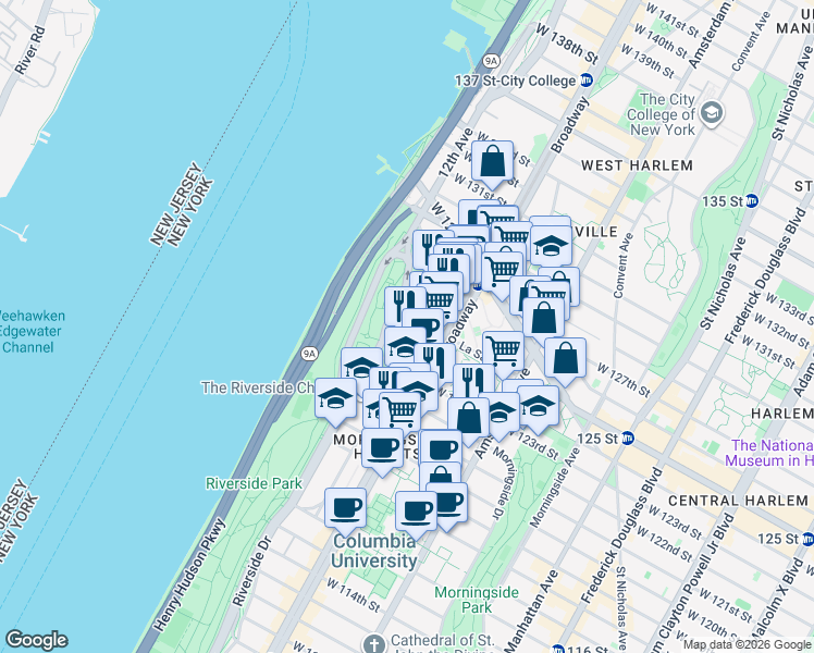 map of restaurants, bars, coffee shops, grocery stores, and more near 167 Claremont Avenue in New York