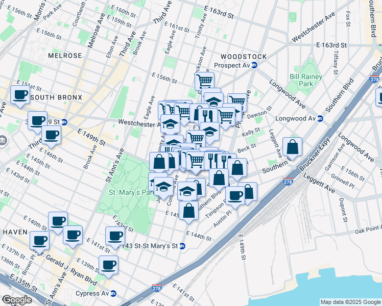 map of restaurants, bars, coffee shops, grocery stores, and more near 799 East 150th Street in Bronx