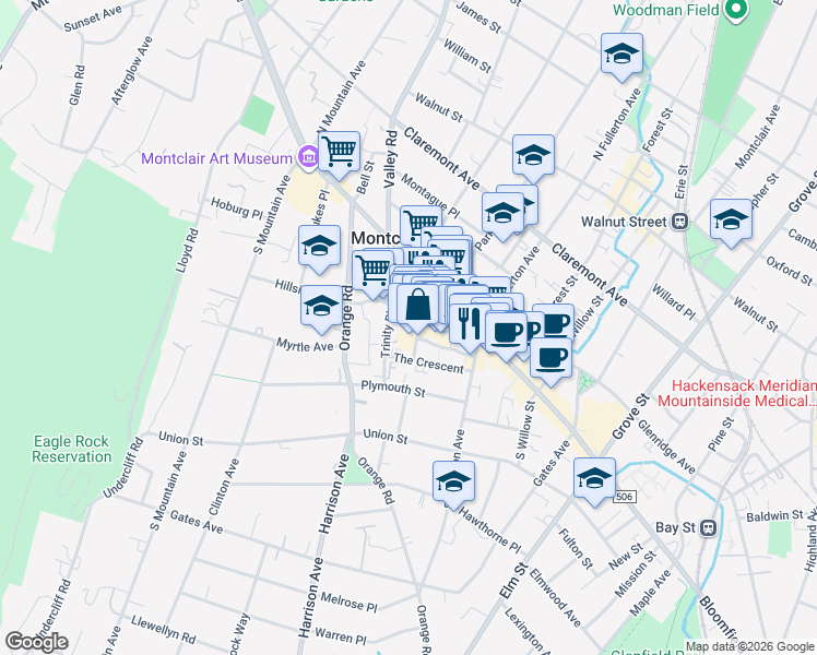 map of restaurants, bars, coffee shops, grocery stores, and more near 48 South Park Street in Montclair