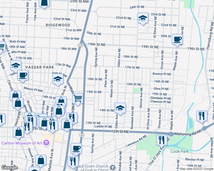map of restaurants, bars, coffee shops, grocery stores, and more near 1524 Plain Avenue Northeast in Canton