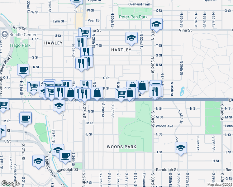 map of restaurants, bars, coffee shops, grocery stores, and more near 2966 O Street in Lincoln