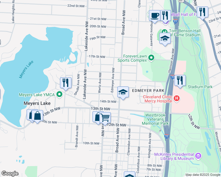 map of restaurants, bars, coffee shops, grocery stores, and more near 2904 15th Street Northwest in Canton