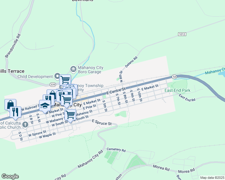map of restaurants, bars, coffee shops, grocery stores, and more near 621 East Centre Street in Mahanoy City