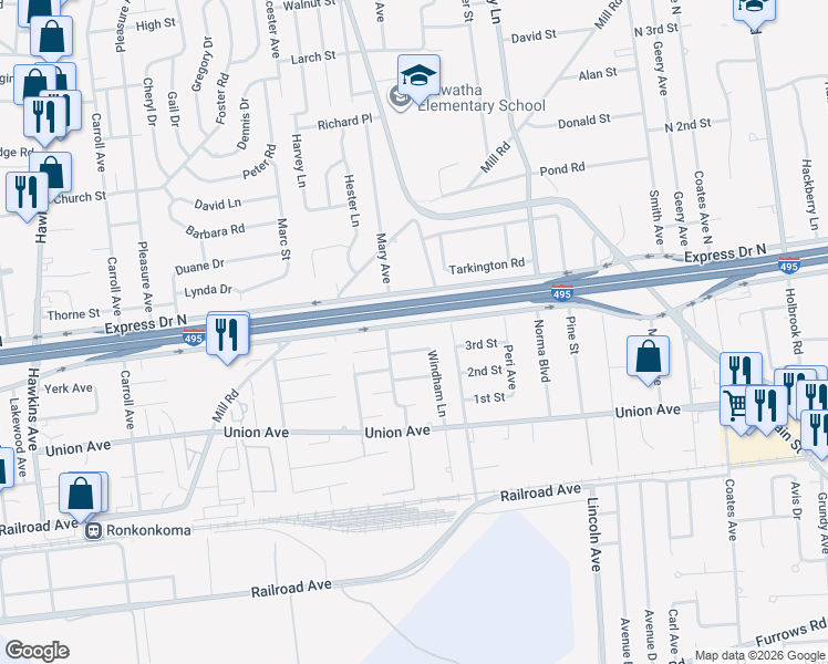 map of restaurants, bars, coffee shops, grocery stores, and more near 26 Windham Lane in Ronkonkoma