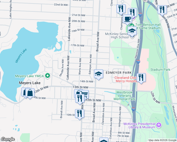 map of restaurants, bars, coffee shops, grocery stores, and more near 2904 15th Street Northwest in Canton