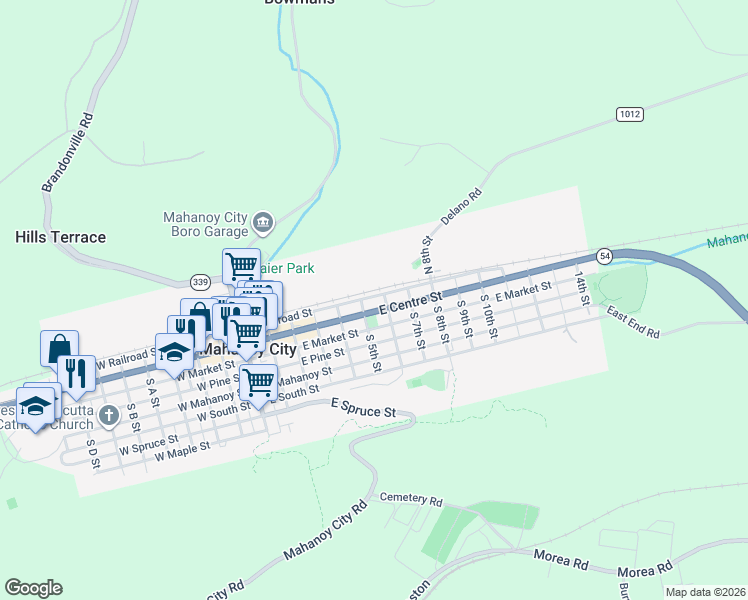 map of restaurants, bars, coffee shops, grocery stores, and more near 20 South 6th Street in Mahanoy City