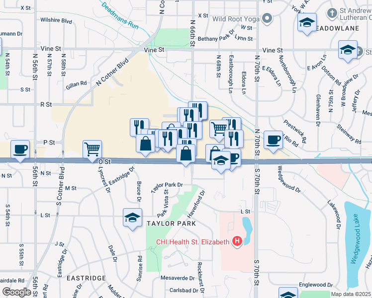 map of restaurants, bars, coffee shops, grocery stores, and more near 6500 O St in Lincoln