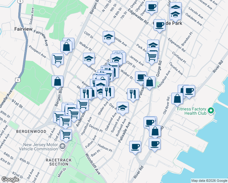 map of restaurants, bars, coffee shops, grocery stores, and more near 179 Fulton Avenue in Fairview