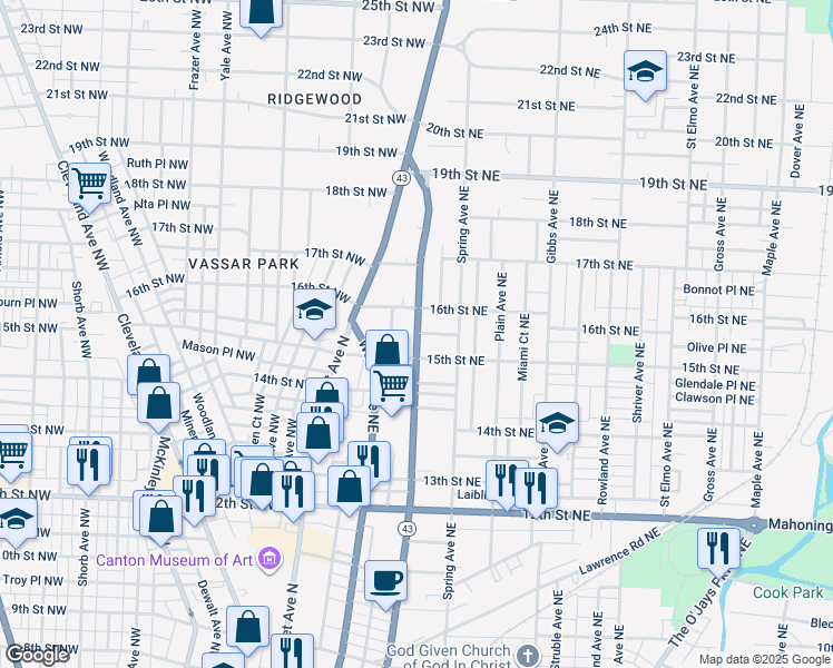 map of restaurants, bars, coffee shops, grocery stores, and more near 1523 Cherry Avenue Northeast in Canton