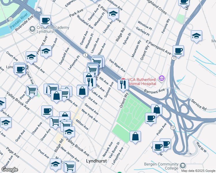 map of restaurants, bars, coffee shops, grocery stores, and more near 44 Summit Avenue in Lyndhurst