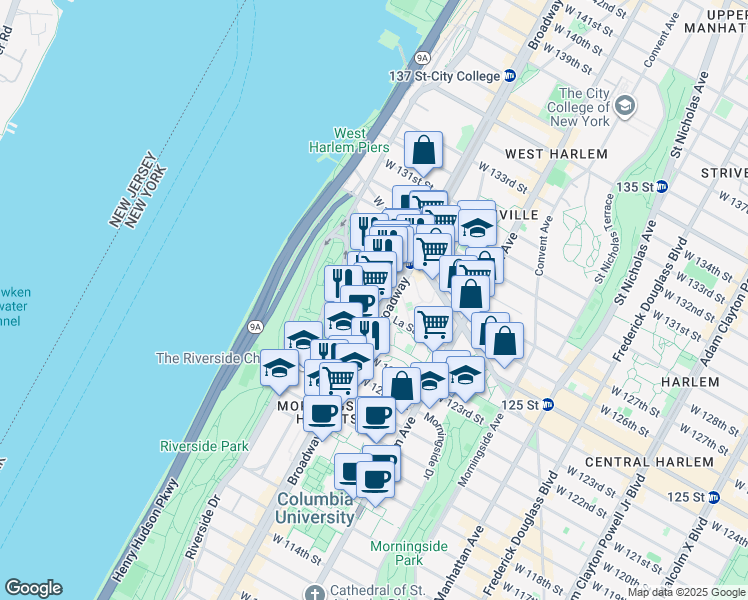 map of restaurants, bars, coffee shops, grocery stores, and more near 123 La Salle Street in New York