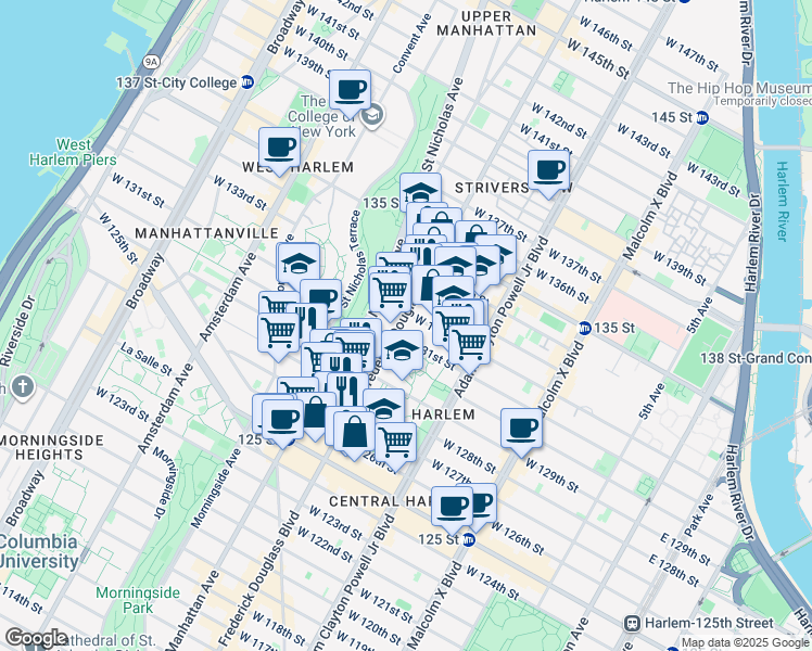 map of restaurants, bars, coffee shops, grocery stores, and more near 273 West 131st Street in New York