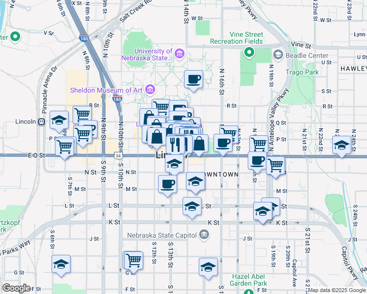 map of restaurants, bars, coffee shops, grocery stores, and more near 101 North 14th Street in Lincoln