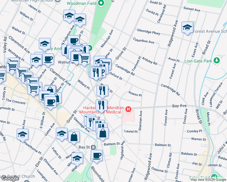 map of restaurants, bars, coffee shops, grocery stores, and more near 38 Walnut Street in Montclair