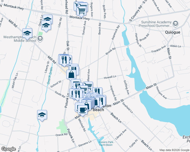map of restaurants, bars, coffee shops, grocery stores, and more near 47 Beach Road in Westhampton Beach