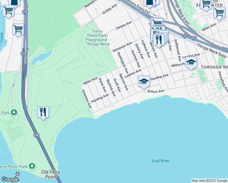 map of restaurants, bars, coffee shops, grocery stores, and more near 200 Davis Avenue in Bronx